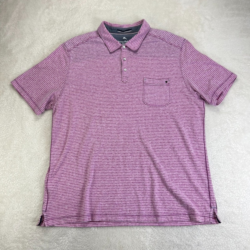 Tommy Bahama Polo Shirt Mens XL Striped Chest Pocket Short Sleeve Recycle Cotton